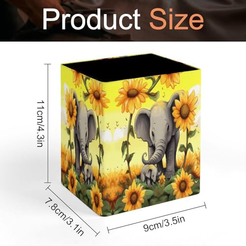 Mother And Baby Elephant Sunflowers Leather Square Pens Pencils Holder Cup Personalized Office Desk Pen Holder Makeup Brush Holder Desktop Organizer Storage Case Stationery for Home Office Supplies - Image 3