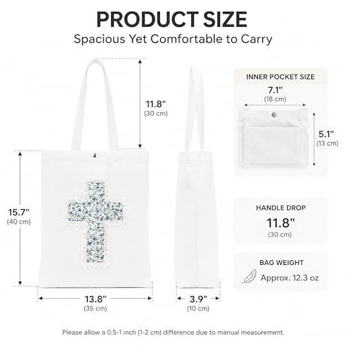 Image of Christian Tote Bag Gift for Women, Canvas Bible Bag Handmade Floral Cross | Christian faith-inspired gift, handcrafted cross with lace, inner pocket, snap closure, bottom gusset, church Bible study use