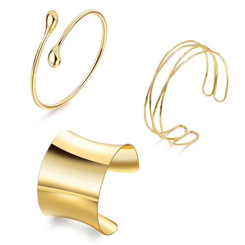 3Pcs Upper Arm Cuff for Women Adjustable Open Chunky Cuff Bracelets Set Gold Irregular Boho Coil Arm Cuff Bangle - Main Image