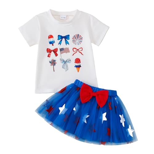 Image of Toddler Girl 4th of July Outfit American Flag Shirt+ Star Tutu Skirt Independence Day Clothes