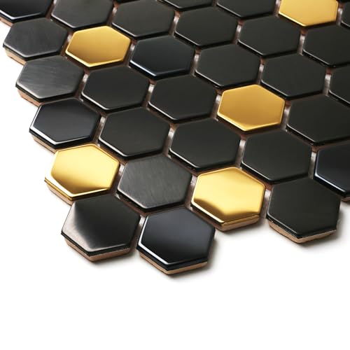 Blujellyfish Black and Gold Backsplash Wall Tiles Hexagon Mosaic Shower Floor Tile Kitchen Bathroom Tile (Box of 5 Sheets) - Image 3