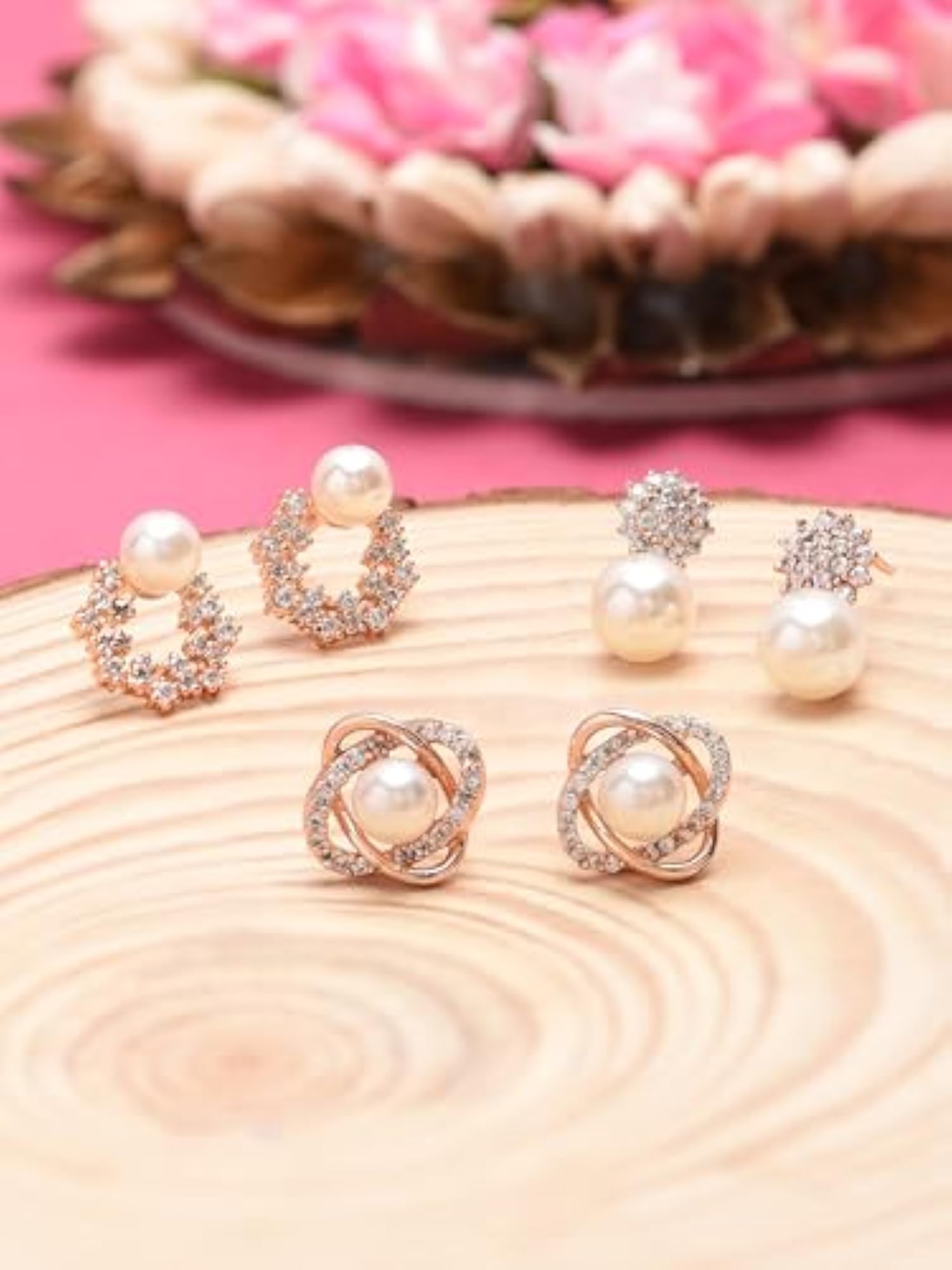 3pc Combo of Cubic Zirconia and Pearls Stud Earrings Set