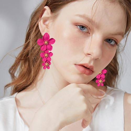 Three Layer Flower Earrings for Women Boho Statement Flower Earrings Bohemian Flower Dangle Earrings Flower Jewelry Gift (Hot Pink)4