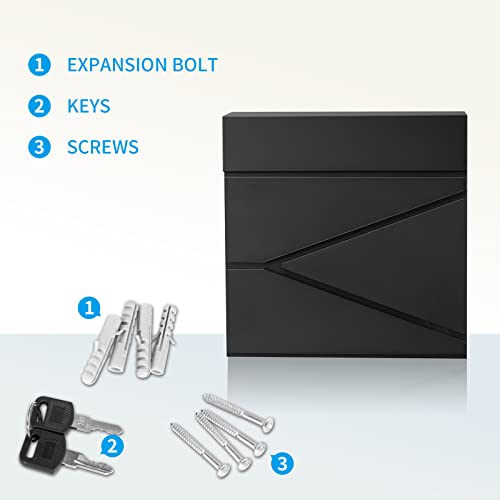 Image of Wall-Mount Mailbox for House Outside, Security Key Drop Box with Lock and Keys, Steel Metal Mail Box with Newspaper Compartment, 14.57 x 14.57 x 4.33 Inch, Black, MD021 X-Large
