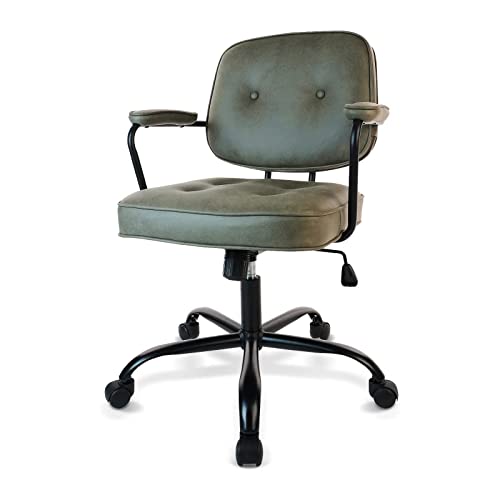 Klasika Leather Home Office Chair Desk Chair With Fixed Armrest Mid-Back Modern Office Chair With Wheels, Capacity 275Lbs, Green #TOP10