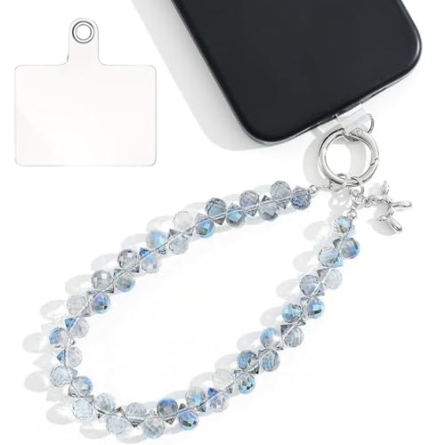 Image of Phone Charm with Beaded Chain | Acrylic Phone Strap for Mobile Keys & Bags | Decorative Wrist Strap | Lanyard Charms | Keychain Accessory for Women Girls (Crystal-Blue)