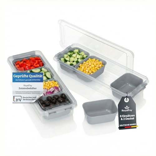 RoyalFay Juego de 2 recipientes para ingredientes, apilable con 8 compartimentos y 2 tapas, apto para alimentos, organizador de frigorífico para pizzas y preparación de alimentos, color granito