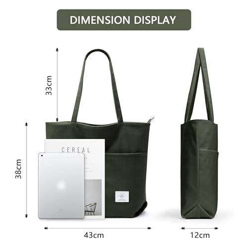 Image of KALIDI Women Corduroy Tote Bag Zipper Casual Tote's Handbag Big Capacity Shoulder Bag with Pockets