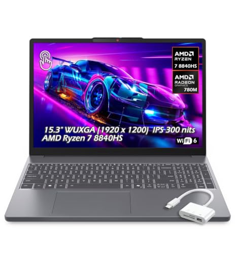 Image of Lenovo IdeaPad Slim 3 Laptop 15.3 inch WUXGA (1920 x 1200) Touchscreen, Ryzen 7 8840HS, 8-core, AMD Radeon 780M, 16GB DDR4, 1TB SSD, Wi-Fi6, Bluetooth 5.3, Win 11, Luna Grey, w /USB Hub, W /GaLiMu