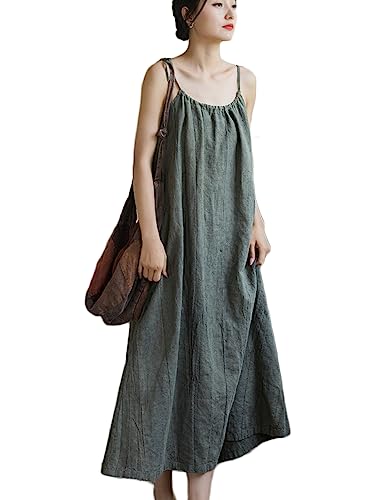 NFYM Damen-Maxikleid aus Leinen, lässig, locker, ärmellos, verstellbar, Spaghettiträger, Batik, Strandkleid, Maxikleid, Dunkelgrün,...
