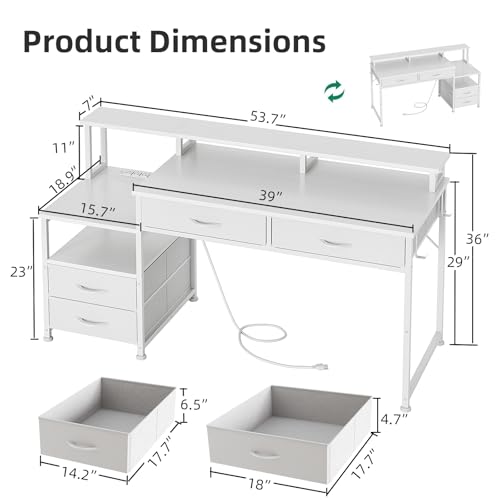 Image of MUTUN 53 inch Computer Desk with 4 Drawers & Power Outlets, Reversible Home Office Desk with Monitor Stand & Printer Stand, Gaming Desk with Led Lights, Study Writing Work Desk Table for Bedroom (White)
