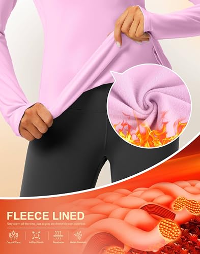 G Gradual Thermal Shirts for Women Long Sleeve Mock Neck Fleece Tops Running Workout Cold Weather Gear with Zip Pocket(Pink,L)