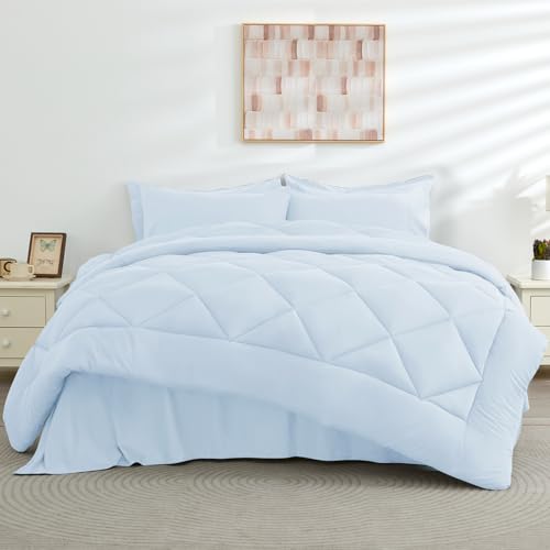 HEVUMYI Light Blue Full Comforter Set - 7-Piece All Season Bed in a Bag Full, Ultra Soft Bedding Set with Comforter, Flat Sheet, Fitted Sheet, Pillowcases, Pillow Shams