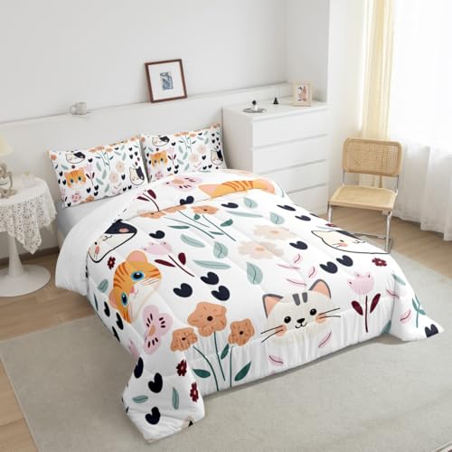 Image of Feelyou Cute Kitten Cat Comforter Set Toddler Size, Cartoon Cat Comforter Set Toddler Size Kawaii Cats and Flowers Comforter for Kids Toddler Cat Lover's Animal Duvet Set Lightweight Quilt Set