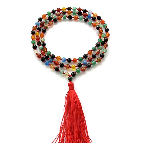 OVALBUY 6mm 108 Multiple Color Agate Beads Knotted Tibetan Buddhist Prayer Japa Mala for Meditation