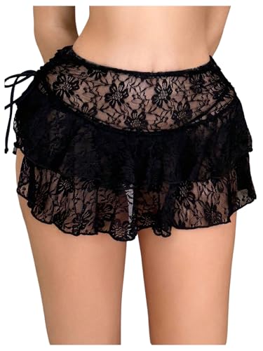 Verdusa Women's Sheer Lace Coverup Mini Skirts Tiered Layered Drawstring Ruffle Swim Skirt