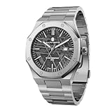 SAPPHERO Watches for Men Waterproof Men's Watch Stainless Steel Octagonal Date Quartz Fashion Clock Business Wristwatch Gift for Men Silver Meteorite Black Face Watch