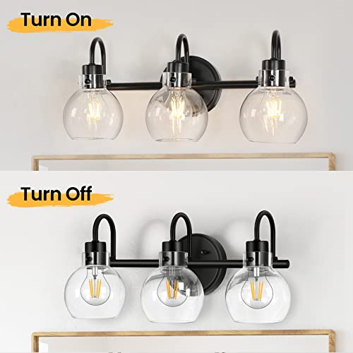 Image of Bathroom Light Fixtures, Black 3 Lights Vanity Light, Farmhouse Wall Sconces with Globe Glass Shade, Porch Wall Mount Lamp for Mirror, Kitchen, Porch Living Room Workshop (E26 Base)