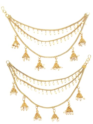 Image of Sukkhi Classical Traditional 18k Gold Plated with Brass Metal & Pearls Studded Jhumka /Jhumki Multi Layer Ear Kan Chain Earring Jewellery for Women & Girls|Bahubali Inspired Long Chain