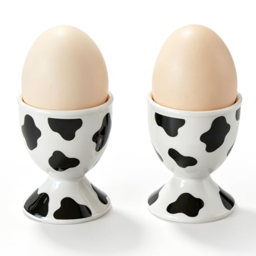 Image of Cinf Ceramic Egg Cups, Set of 2, Cow Print Boiled Egg Holders for Breakfast