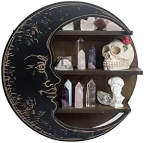 CEFRECO Black Crescent Moon Shelf - Rustic Wooden Crystal Holder for Healing Stones and Essential Oils - Wall-Mounted Crystal Shelf Display for Wall Decor - Witchy Gifts for Women