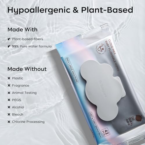 Bc Babycare Flushable Wipes, Hypoallergenic for Sensitive Skin, 99% Water, Plant-Based Fibers, Sewer + Septic Safe, Fragrance Free Toddler Potty Training, 336 Wipes, 8 Pack - Image 7