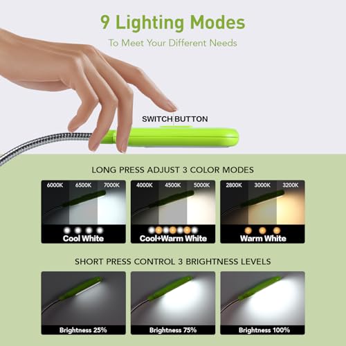 Image of VAVOFO Rechargeable Book Light for Reading in Bed Kids, 7 LED Reading Light with 9-Level Warm Cool White Daylight, Eye Care Lamp with Power Indicator for Bookworms (Neon Green)