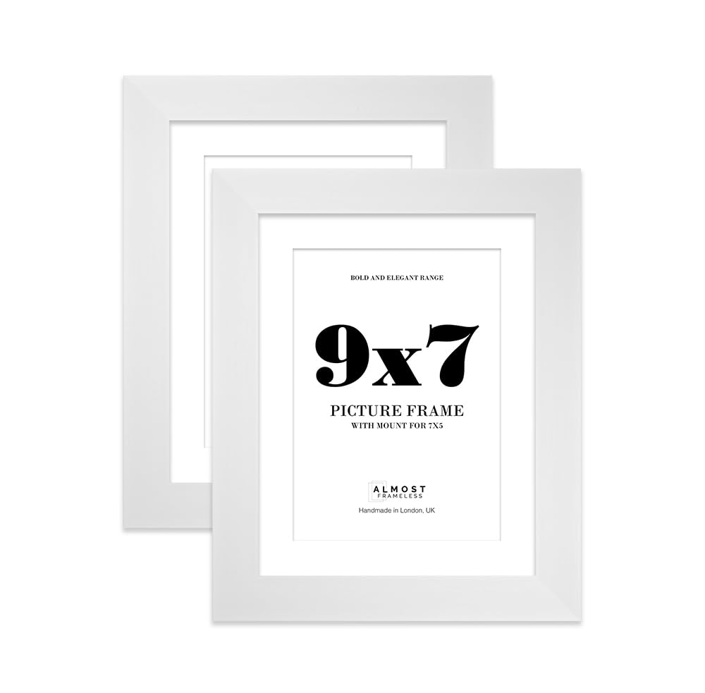 9x7" White Frame With Mount for 7x5" Pictures 28mm Edge Portrait and Landscape Display with Wall Hooks and Kickstand, 2 Pack