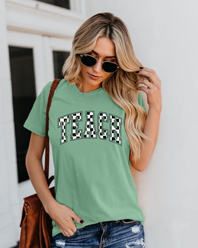 Teacher Shirts Women: Checkered Teach Printed T-Shirt Graphic Teaching Gifts Tees Casual Short Sleeve Tops3