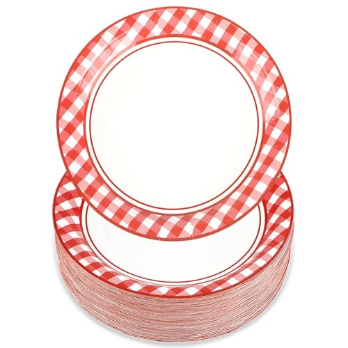ktxaby Lot de 100 assiettes à carreaux rouges et blanches jetables de 17,8 cm pour barbecue, enterrement de vie de jeune fille, fournitures de fête...