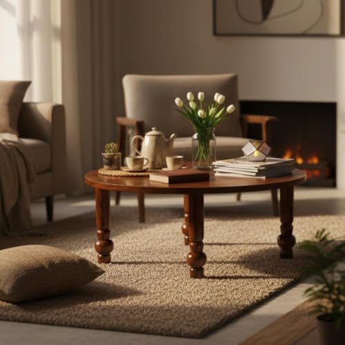 Image of Solid Sheesham Wood Round Coffee Table | Wooden Center Table for Living Room | Classic Tea Table with Turned Legs | Decorative Sofa Table for Lounge Area | Stylish Accent Furniture | Brown