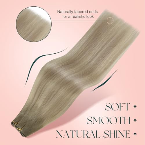 Image of Easyouth Hair Extensions Sew in, Weft Human Hair Extensions, 20 Inch 100G, Ash Blonde Ombre Sunkissed Blonde, Ombre Remy for Daily Activities, Soft Invisible