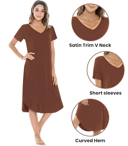Image of NACHILA Nightgowns for Women-Viscose Made from Bamboo, V Neck Sleepshirts Short Sleeve Sleepwear Cool Nightshirt