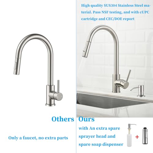 Image of Havin Brushed Nickel Kitchen Faucet with Pull Down Sprayer,High Arc Stainless Steel Material,cUPC Cartridge,with A Spare Sprayer and Soap Dispenser,fit for 1 or 2 Holes Sink