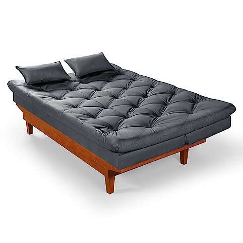 Sofá Cama Caribe 3 Lugares Com 2 Banqueta Tecido Suede Cor:Cinza