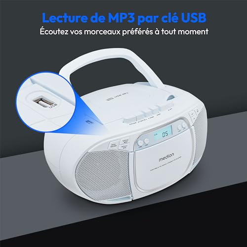 MEDION E66476 Stereo Sound System (Boombox, Lecteur CD, MP3, Cassette, Lecteur de Cassette Portable pour Enfants, Radio FM, AUX, écouteurs, Secteur & Batterie) Bleu
