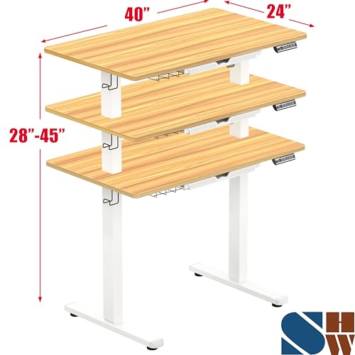 Image of SHW 40-Inch Electric Height Adjustable Standing Desk with Drawer, Memory Preset and Cable Management Tray, Oak