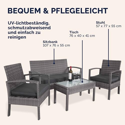 Casaria® Gartenmöbel Set Wetterfest 4 Personen Outdoor inkl. Auflagen Polyrattan 2 Sessel Gartenbank Tisch Garten Terrasse Balkon Möbel Lounge Grau