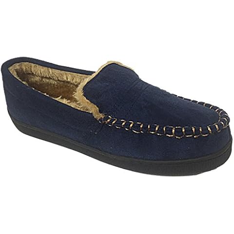Mens Dr Keller Faux Suede Fur Lined Stitch Detail Moccasin Hard Sole Comfort Warm Slippers Size 8-12 (UK 11, Navy) Cover