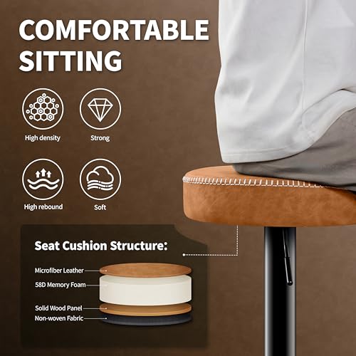 STOOLINK 2er Set Barhocker, Barstuhl mit Mikrofaser-Leder, Barstuhl mit Fußstütze und Ohne Lehne, Tresenhocker 360° Drehbar, 150kg Tragkraft, Braun
