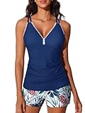 Summer Mae V-Neck Women Tankini Swimsuits Two-Piece with Side Pockets Swim Shorts 2025 Tie-Back Straps Bathing Suits Red Leaf Clash Size 10
