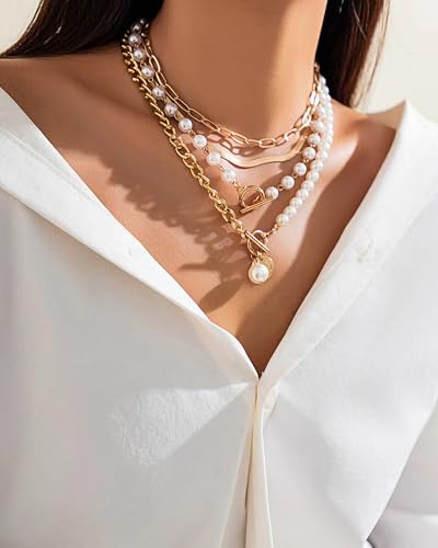 Gold Layered Necklaces for Women Chunky Layered Gold Necklaces Stacked Paperclip Chain Pearl Neck-lace Herringbone Toggle Clasp Choker Trendy Jewelry Gifts for Her4