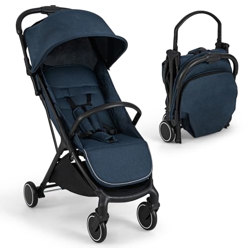 COSTWAY Cochecito Ligero para Bebé, Silla de Paseo Plegable con una Mano, Cochecito Compacto de Viaje, Cochecito Portátil para Niños con Respaldo Reclinable, Capota y Reposapiés Ajustables (Azul)