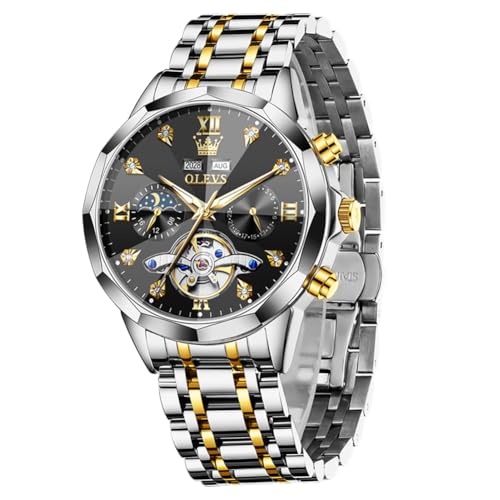 Image of OLEVS Automatic Men Watch Self Winding Mechanical Moon Phase Business Luxury Diamond Dress Stainless Steel Waterproof Luminous Mens Wrist Watch