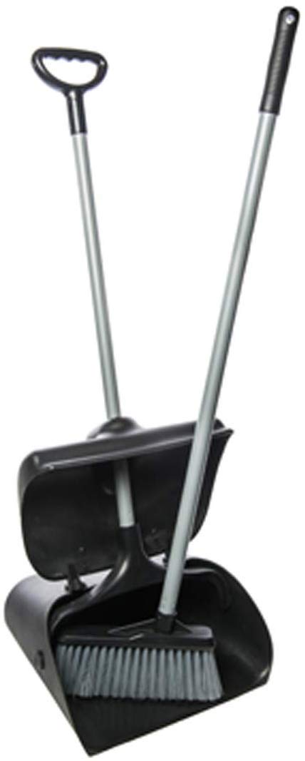 We Can Source It LtdHeavy Duty Long Handled Lobby Dustpan and Brush Set - Black Plastic Broom with Pan