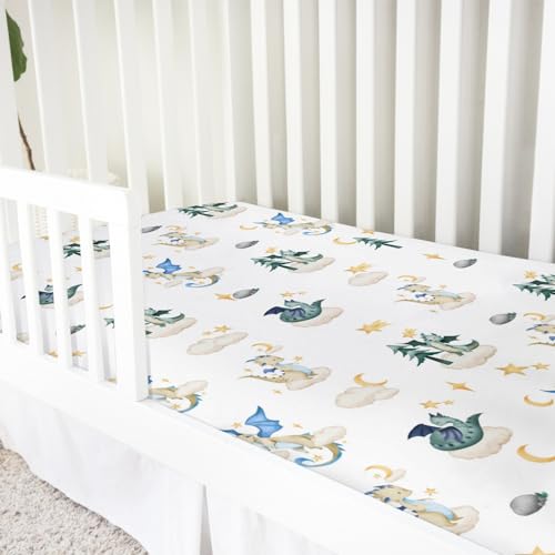 Image of Fairy Tale Dragon Moon Stars Clouds Trees Baby Crib Sheet 52''x28'' Watercolor Dragons Stretchy Fitted Crib Mattress Cover for Boy Girl Bed Sheet for Standard Toddler Mattress, 4258107