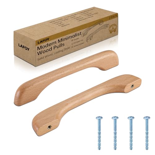 Lafoy Cabinet Pull 5 Inch (128mm) Hole Centers Solid Beech Wooden Drawer Handle, Natural Wood Replacement for Kitchen Dresser Furniture, Modern Arched Bridge, Comfortable Fits Palm, 2 Pack