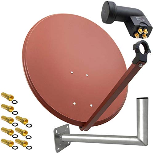 SAT Anlage 80cm Ziegelrot Satellitenantenne Stahl Satellitenschüssel Quad LNB Wandhalter 45cm ALU 4TN 8 Stecker