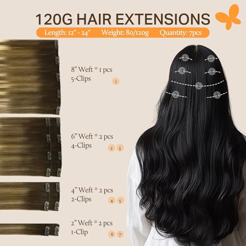 Image of DOORES Balayage Hair Extensions Clip in Dark Brown Fading to Chestnut Brown and Dirty Blonde Natural Clip in Human Hair Extensions Straight Thick 24 Inch 120g 7pcs