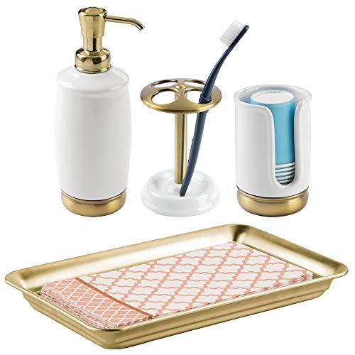 mDesign Bath Accessory Set, Soap Pump, Toothbrush Holder, Paper Cup Dispenser, Vanity Towel Tray - Set of 4, White/Soft Brass